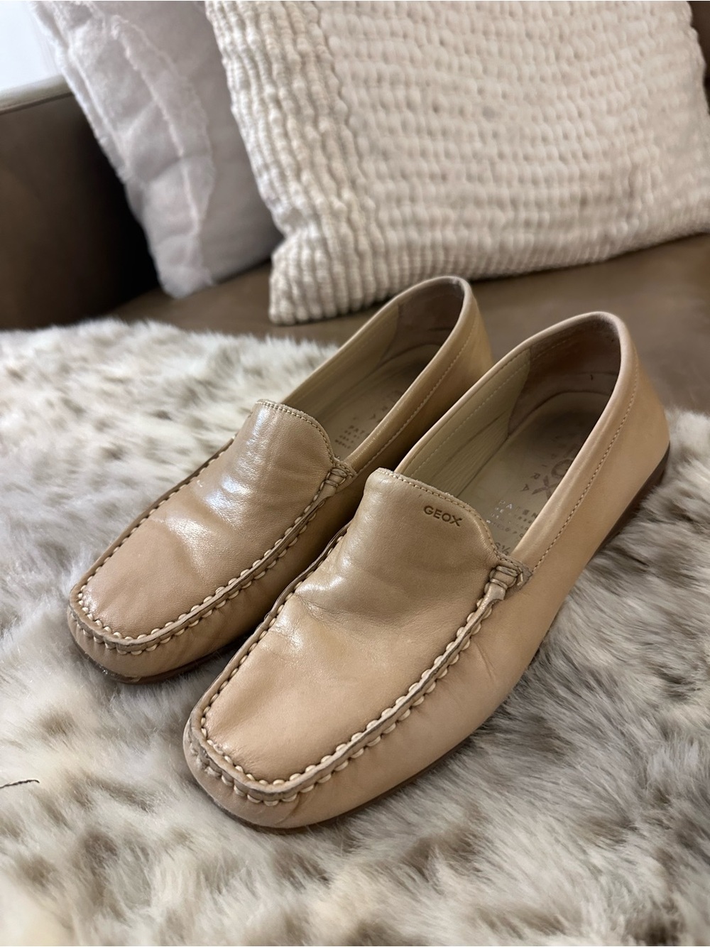 Geox Beige Leather Slip-On Moccasins